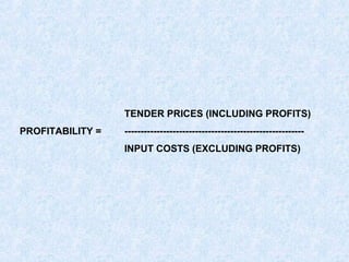 TENDER PRICES (INCLUDING PROFITS)
PROFITABILITY = --------------------------------------------------------
INPUT COSTS (EXCLUDING PROFITS)
 