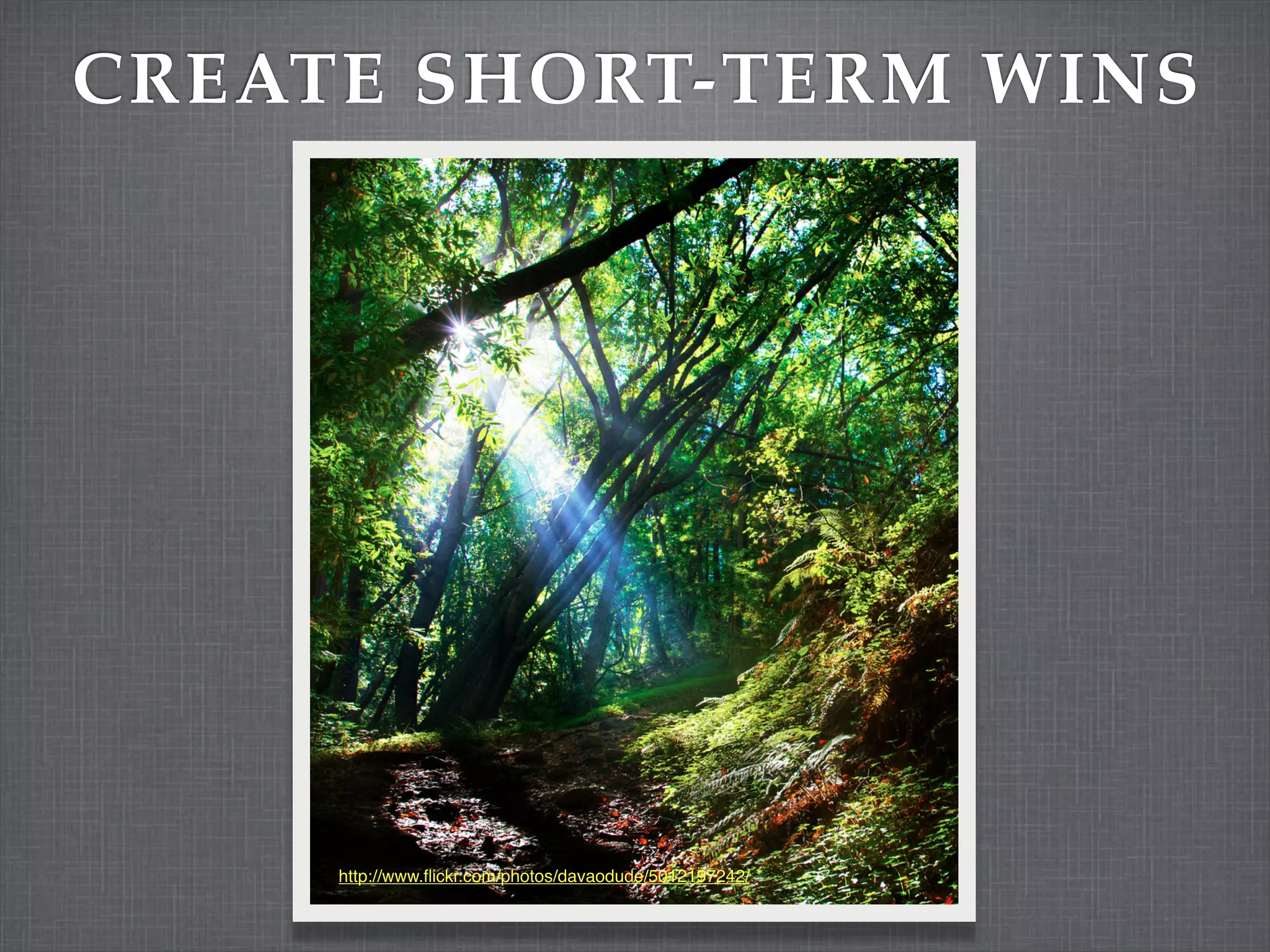 CREATE SHORT-TERM WINS




     http://www.ﬂickr.com/photos/davaodude/5012197242/
 