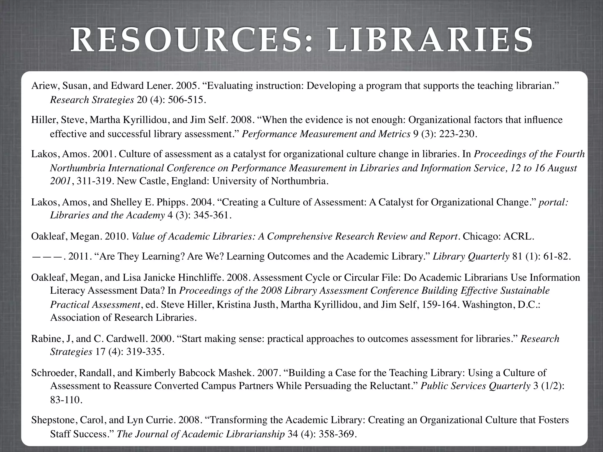 RESOURCES: LIBRARIES
Ariew, Susan, and Edward Lener. 2005. “Evaluating instruction: Developing a program that supports the teaching librarian.”
    Research Strategies 20 (4): 506-515.
Hiller, Steve, Martha Kyrillidou, and Jim Self. 2008. “When the evidence is not enough: Organizational factors that inﬂuence
     effective and successful library assessment.” Performance Measurement and Metrics 9 (3): 223-230.
Lakos, Amos. 2001. Culture of assessment as a catalyst for organizational culture change in libraries. In Proceedings of the Fourth
   Northumbria International Conference on Performance Measurement in Libraries and Information Service, 12 to 16 August
   2001, 311-319. New Castle, England: University of Northumbria.

Lakos, Amos, and Shelley E. Phipps. 2004. “Creating a Culture of Assessment: A Catalyst for Organizational Change.” portal:
   Libraries and the Academy 4 (3): 345-361.

Oakleaf, Megan. 2010. Value of Academic Libraries: A Comprehensive Research Review and Report. Chicago: ACRL.
———. 2011. “Are They Learning? Are We? Learning Outcomes and the Academic Library.” Library Quarterly 81 (1): 61-82.

Oakleaf, Megan, and Lisa Janicke Hinchliffe. 2008. Assessment Cycle or Circular File: Do Academic Librarians Use Information
   Literacy Assessment Data? In Proceedings of the 2008 Library Assessment Conference Building Effective Sustainable
   Practical Assessment, ed. Steve Hiller, Kristina Justh, Martha Kyrillidou, and Jim Self, 159-164. Washington, D.C.:
   Association of Research Libraries.

Rabine, J, and C. Cardwell. 2000. “Start making sense: practical approaches to outcomes assessment for libraries.” Research
    Strategies 17 (4): 319-335.

Schroeder, Randall, and Kimberly Babcock Mashek. 2007. “Building a Case for the Teaching Library: Using a Culture of
    Assessment to Reassure Converted Campus Partners While Persuading the Reluctant.” Public Services Quarterly 3 (1/2):
    83-110.
Shepstone, Carol, and Lyn Currie. 2008. “Transforming the Academic Library: Creating an Organizational Culture that Fosters
    Staff Success.” The Journal of Academic Librarianship 34 (4): 358-369.
 