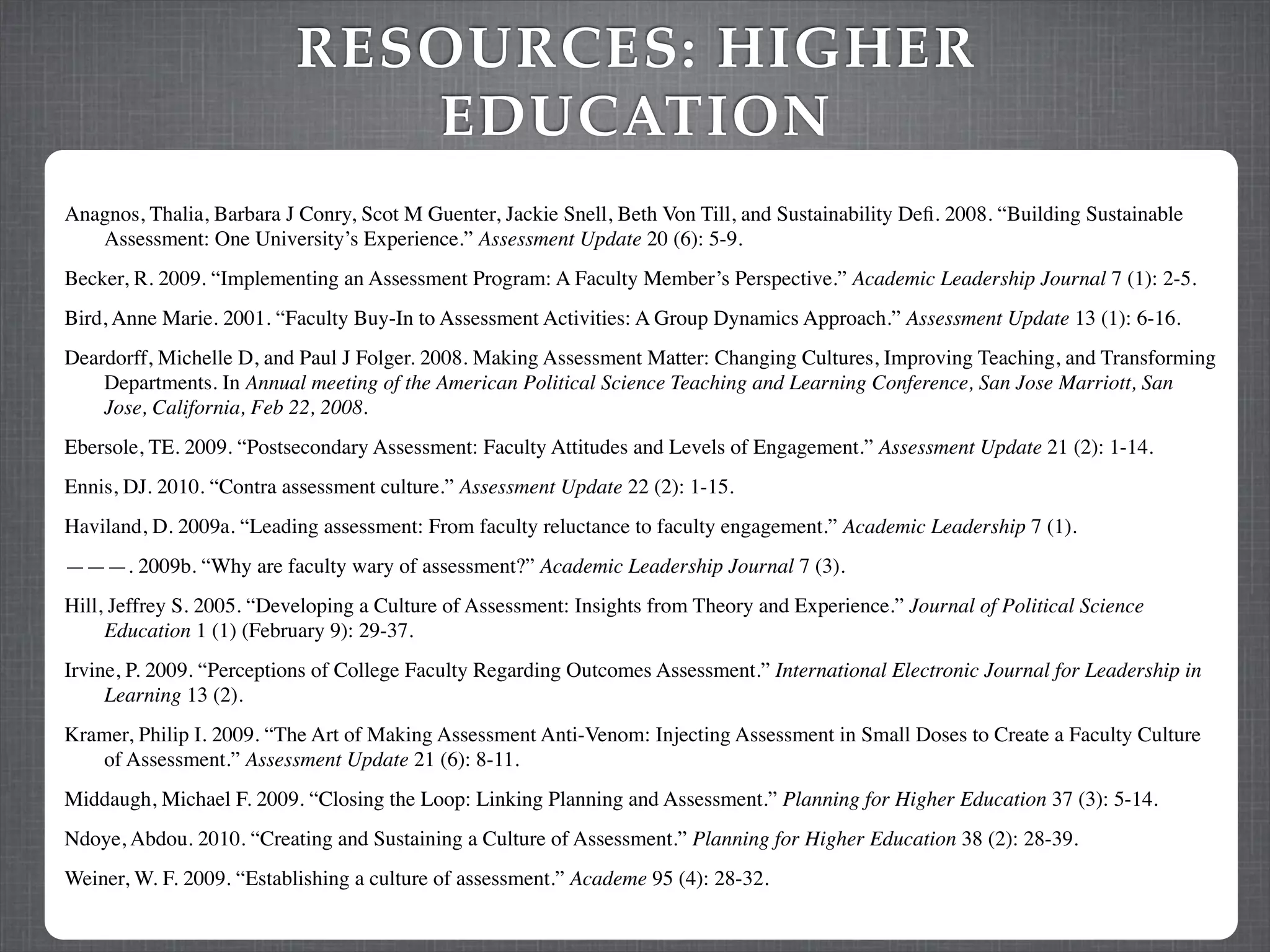 RESOURCES: HIGHER
                             EDUCATION
Anagnos, Thalia, Barbara J Conry, Scot M Guenter, Jackie Snell, Beth Von Till, and Sustainability Deﬁ. 2008. “Building Sustainable
   Assessment: One University’s Experience.” Assessment Update 20 (6): 5-9.
Becker, R. 2009. “Implementing an Assessment Program: A Faculty Member’s Perspective.” Academic Leadership Journal 7 (1): 2-5.
Bird, Anne Marie. 2001. “Faculty Buy-In to Assessment Activities: A Group Dynamics Approach.” Assessment Update 13 (1): 6-16.
Deardorff, Michelle D, and Paul J Folger. 2008. Making Assessment Matter: Changing Cultures, Improving Teaching, and Transforming
    Departments. In Annual meeting of the American Political Science Teaching and Learning Conference, San Jose Marriott, San
    Jose, California, Feb 22, 2008.
Ebersole, TE. 2009. “Postsecondary Assessment: Faculty Attitudes and Levels of Engagement.” Assessment Update 21 (2): 1-14.
Ennis, DJ. 2010. “Contra assessment culture.” Assessment Update 22 (2): 1-15.
Haviland, D. 2009a. “Leading assessment: From faculty reluctance to faculty engagement.” Academic Leadership 7 (1).
———. 2009b. “Why are faculty wary of assessment?” Academic Leadership Journal 7 (3).
Hill, Jeffrey S. 2005. “Developing a Culture of Assessment: Insights from Theory and Experience.” Journal of Political Science
     Education 1 (1) (February 9): 29-37.
Irvine, P. 2009. “Perceptions of College Faculty Regarding Outcomes Assessment.” International Electronic Journal for Leadership in
     Learning 13 (2).
Kramer, Philip I. 2009. “The Art of Making Assessment Anti-Venom: Injecting Assessment in Small Doses to Create a Faculty Culture
   of Assessment.” Assessment Update 21 (6): 8-11.
Middaugh, Michael F. 2009. “Closing the Loop: Linking Planning and Assessment.” Planning for Higher Education 37 (3): 5-14.
Ndoye, Abdou. 2010. “Creating and Sustaining a Culture of Assessment.” Planning for Higher Education 38 (2): 28-39.
Weiner, W. F. 2009. “Establishing a culture of assessment.” Academe 95 (4): 28-32.
 