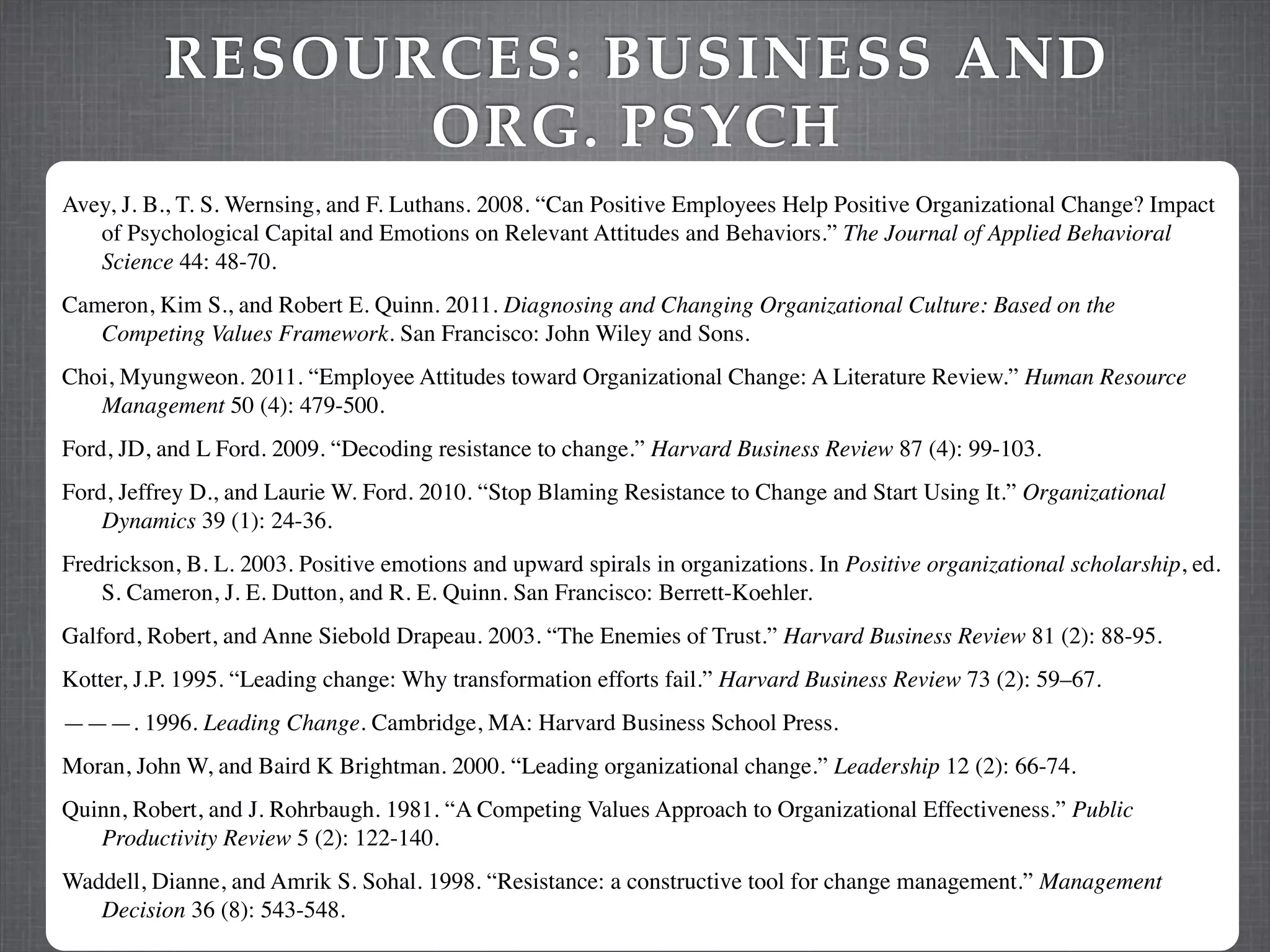 RESOURCES: BUSINESS AND
                ORG. PSYCH
Avey, J. B., T. S. Wernsing, and F. Luthans. 2008. “Can Positive Employees Help Positive Organizational Change? Impact
   of Psychological Capital and Emotions on Relevant Attitudes and Behaviors.” The Journal of Applied Behavioral
   Science 44: 48-70.
Cameron, Kim S., and Robert E. Quinn. 2011. Diagnosing and Changing Organizational Culture: Based on the
   Competing Values Framework. San Francisco: John Wiley and Sons.
Choi, Myungweon. 2011. “Employee Attitudes toward Organizational Change: A Literature Review.” Human Resource
   Management 50 (4): 479-500.
Ford, JD, and L Ford. 2009. “Decoding resistance to change.” Harvard Business Review 87 (4): 99-103.
Ford, Jeffrey D., and Laurie W. Ford. 2010. “Stop Blaming Resistance to Change and Start Using It.” Organizational
    Dynamics 39 (1): 24-36.
Fredrickson, B. L. 2003. Positive emotions and upward spirals in organizations. In Positive organizational scholarship, ed.
    S. Cameron, J. E. Dutton, and R. E. Quinn. San Francisco: Berrett-Koehler.
Galford, Robert, and Anne Siebold Drapeau. 2003. “The Enemies of Trust.” Harvard Business Review 81 (2): 88-95.
Kotter, J.P. 1995. “Leading change: Why transformation efforts fail.” Harvard Business Review 73 (2): 59–67.
———. 1996. Leading Change. Cambridge, MA: Harvard Business School Press.
Moran, John W, and Baird K Brightman. 2000. “Leading organizational change.” Leadership 12 (2): 66-74.
Quinn, Robert, and J. Rohrbaugh. 1981. “A Competing Values Approach to Organizational Effectiveness.” Public
   Productivity Review 5 (2): 122-140.
Waddell, Dianne, and Amrik S. Sohal. 1998. “Resistance: a constructive tool for change management.” Management
   Decision 36 (8): 543-548.
 