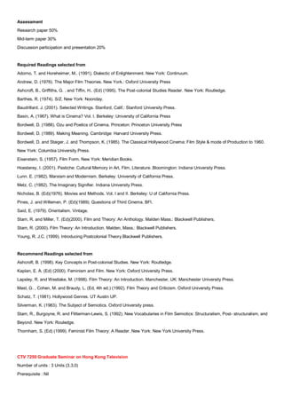 Assessment
Research paper 50%
Mid-term paper 30%
Discussion participation and presentation 20%


Required Readings selected from
Adorno, T. and Horeheimer, M.. (1991). Dialectic of Enlightenment. New York: Continuum.
Andrew, D. (1976). The Major Film Theories. New York.: Oxford University Press
Ashcroft, B., Griffiths, G. , and Tiffin, H.. (Ed) (1995). The Post-colonial Studies Reader. New York: Routledge.
Barthes, R. (1974). S/Z. New York: Noonday.
Baudrillard, J. (2001). Selected Writings. Stanford, Calif.: Stanford University Press.
Basin, A. (1967). What is Cinema? Vol. I. Berkeley: University of California Press
Bordwell, D. (1988). Ozu and Poetics of Cinema. Princeton: Princeton University Press
Bordwell, D. (1989). Making Meaning. Cambridge: Harvard University Press.
Bordwell, D. and Staiger, J. and Thompson, K. (1985). The Classical Hollywood Cinema: Film Style & mode of Production to 1960.
New York: Columbia University Press.
Eisenstein, S. (1957). Film Form. New York: Meridian Books.
Hoesterey, I. (2001). Pastiche: Cultural Memory in Art, Film, Literature. Bloomington: Indiana University Press.
Lunn. E. (1982). Marxism and Modernism. Berkeley: University of California Press.
Metz, C. (1982). The Imaginary Signifier. Indiana University Press.
Nicholas, B. (Ed)(1976). Movies and Methods. Vol. I and II. Berkeley: U of California Press.
Pines, J. and Willemen, P. (Ed)(1989). Questions of Third Cinema. BFI.
Said, E. (1979). Orientalism. Vintage.
Stam, R. and Miller, T. (Ed)(2000). Film and Theory: An Anthology. Malden Mass.: Blackwell Publishers.
Stam, R. (2000). Film Theory: An Introduction. Malden, Mass.: Blackwell Publishers.
Young, R. J.C. (1999). Introducing Postcolonial Theory.Blackwell Publishers.


Recommend Readings selected from
Ashcroft, B. (1998). Key Concepts in Post-colonial Studies. New York: Routledge.
Kaplan, E. A. (Ed) (2000). Feminism and Film. New York: Oxford University Press.
Lapsley, R. and Westlake, M. (1998). Film Theory: An Introduction. Manchester, UK: Manchester University Press.
Mast, G. , Cohen, M. and Braudy, L. (Ed, 4th ed.) (1992). Film Theory and Criticism. Oxford University Press.
Schatz, T. (1981). Hollywood Genres. UT Austin UP.
Silverman, K. (1983). The Subject of Semiotics. Oxford University press.
Stam, R., Burgoyne, R. and Flitterman-Lewis, S. (1992). New Vocabularies in Film Semiotics: Structuralism, Post- structuralism, and
Beyond. New York: Rouledge.
Thornham, S. (Ed) (1999). Feminist Film Theory: A Reader. New York: New York University Press.




CTV 7250 Graduate Seminar on Hong Kong Television
Number of units : 3 Units (3,3,0)
Prerequisite : Nil
 