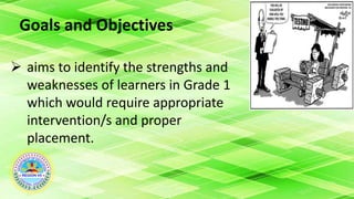 Goals and Objectives
 aims to identify the strengths and
weaknesses of learners in Grade 1
which would require appropriate
intervention/s and proper
placement.
 