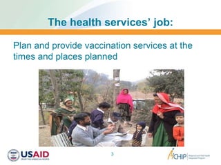 The health services’ job:
Plan and provide vaccination services at the
times and places planned
3
 