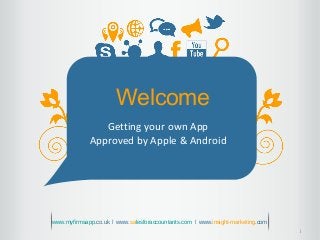 1
Welcome
Getting your own App
Approved by Apple & Android
www.myfirmsapp.co.uk ǀ www.salesforaccountants.com ǀ www.insight-marketing.com
 