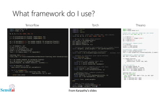 What framework do I use?
Tensorflow Torch Theano
From Karpathy’s slides
 