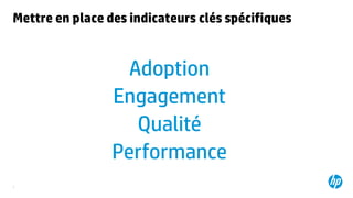 7
Mettre en place des indicateurs clés spécifiques
Adoption
Engagement
Qualité
Performance
 