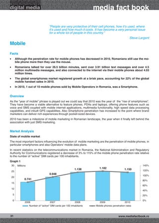 onomy radio press television internet mobile digital planning buying audience reach affinity atl btl creativity public relations performance specialists strategy economy radio television internet press digital planning buying audience reach affinity creativity public r
ach affinity atl btl creativity public relations performance specialists strategy economy radio press television internet mobile digital planning buying audience reach affinity atl btl creativity public relations performance specialists strategy economy radio press te




                                                                                                                                                              media fact book
  specialists strategy economy radio press television internet mobile digital planning buying audience reach affinity atl btl creativity public relations performance specialists strategy economy radio press television internet mobile digital planning buying audienc


                 digital media
nternet mobile digital planning buying audience reach affinity atl btl creativity public relations performance specialists strategy economy radio press television internet mobile digital planning buying audience reach affinity atl btl creativity public relations perfo
finity atl btl creativity public relations performance specialists strategy economy radio press television internet mobile digital planning buying audience reach affinity atl btl creativity public relations performance specialists strategy economy radio press television
 lists strategy economy radio television internet press digital planning buying audience reach affinity creativity public relations performance specialists strategy radio press television internet mobile digital planning buying audience reach affinity atl btl creativit
uying audience reach affinity atl btl creativity public relations performance specialists strategy economy radio press television internet mobile digital planning buying audience reach affinity atl btl creativity public relations performance specialists strategy econom




                                                                                    “People are very protective of their cell phones, how it’s used, where
                                                                                    it’s used and how much it costs. It has become a very personal issue
                                                                                    for a whole lot of people in this country.”
                                                                                                                                                                                                                           Steve Largent
                 Mobile
                 Facts
                 l 	       Although the penetration rate for mobile phones has decreased in 2010, Romanians still use the mo-
                           bile phone more then they use the mouse.
                 l 	       Romanians talked for over 26.5 billion minutes, sent over 3.91 billion text messages and over 4.5
                           million multimedia messages, and also connected to the internet via their mobile phones about 4.03
                           million times.
                 l 	       The global smartphones market registered growth at a brisk pace, accounting for 22% of the global
                           mobile handset sales in 2010.
                 l 	       In 2010, 1 out of 10 mobile phones sold by Mobile Operators in Romania, was a Smartphone.


                 Overview
                 As the “year of mobile” phrase is played out we could say that 2010 was the year of the “rise of smartphones”.
                 They have become a viable alternative to feature phones, PDAs and laptops, offering phone features such as
                 voice and SMS coupled with mobile internet applications, multimedia functionality, high speed data processing
                 capabilities, and inbuilt GPS capabilities. Also Smartphone penetration has increased to the point where brand
                 marketers can deliver rich experiences through pocket-sized devices.
                 2010 has been a milestone of mobile marketing in Romanian landscape, the year when it finally left behind the
                 association with just SMS marketing.


                 Market Analysis
                 State of mobile market
                 The most important factors influencing the evolution of mobile marketing are the penetration of mobile phones, in
                 particular smartphones and also Operators’ mobile data plans.
                 In recent statistics on the telecommunications market in Romania, the National Administration and Regulatory
                 Authority for Communications registered a decrease of 3% to 115% of the mobile phone penetration rate relative
                 to the number of “active” SIM cards per 100 inhabitants.
                 Graph 1
                     30       Millions                                                                                                                                                                                                            140%
                                                                                                                              1.138                                      1.182                                     1.150
                     25                                                                                                                                                                                                                           120%
                                                                                    0.948
                                                                                                                                                                                                                                                  100%
                     20
                                          0.741                                                                                                                                                                                                   80%
                     15
                                                                                                                                                                                                                                                  60%
                     10
                                                                                                                                                                                                                                                  40%
                       5                                                                                                                                                                                                                          20%

                       0                                                                                                                                                                                                                          0%
                                          2006                 2007                  2008                                                                            2009                   2010
                                             Number of "active" SIM cards per 100 inhabitants                                                                      Mobile phones penetration rates



                  31                                                                                                                                                                                     www.mediafactbook.ro
btl creativity public relations performance specialists strategy economy radio press television internet mobile digital planning buying audience reach affinity atl btl creativity public relations performance specialists strategy economy radio press television interne
ategy economy radio press television internet mobile digital planning buying audience reach affinity atl btl creativity public relations performance specialists strategy economy radio press television internet mobile digital planning buying audience reach affini
gital planning buying audience reach affinity atl btl creativity public relations performance specialists strategy economy radio press television internet mobile digital planning buying audience reach affinity atl btl creativity public relations performance specialists s
 