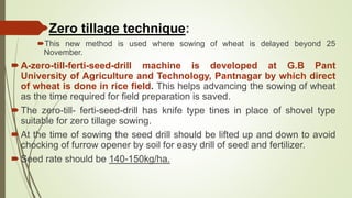 Zero tillage technique:
This new method is used where sowing of wheat is delayed beyond 25
November.
A-zero-till-ferti-seed-drill machine is developed at G.B Pant
University of Agriculture and Technology, Pantnagar by which direct
of wheat is done in rice field. This helps advancing the sowing of wheat
as the time required for field preparation is saved.
The zero-till- ferti-seed-drill has knife type tines in place of shovel type
suitable for zero tillage sowing.
At the time of sowing the seed drill should be lifted up and down to avoid
chocking of furrow opener by soil for easy drill of seed and fertilizer.
Seed rate should be 140-150kg/ha.
 