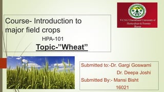 Course- Introduction to
major field crops
HPA-101
Topic-”Wheat”
Submitted to:-Dr. Gargi Goswami
Dr. Deepa Joshi
Submitted By:- Mansi Bisht
16021
 