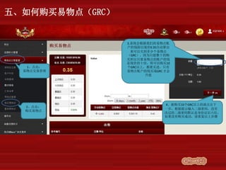 五、如何购买易物点（GRC）
1、点击：
易物点交易管理
2、点击：
购买易物点
3.系统会根据我们的易物点账
户的钱除以现价0.35自动算出
来可以买到多少个易物点
（GRC），因为只能整十的购
买所以只要易物点的账户的钱
是现价的十倍，即可以购买10
个GRC以上，都要买进，只有
易物点账户的钱买成GRC 才会
升值
4、能购买10个GRC以上的就点击下
一步，根据提示输入二级密码，没有
改过的二级密码默认是身份证后六位，
如果没有购买成功，请重复以上步骤
 