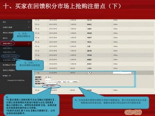 十、买家在回馈积分市场上抢购注册点（下）
1、点击：
销售回馈积分
2、点击：
购买回馈积分的列表
3、买家如果在销售回馈积分列表中抢购成功，那么在此列表会显示买家
抢购成功的卖家信息，根据卖家银行的信息3天内付款给卖家
4.
*汇款后请登入该购买帐号点击【确认付款银行】，
以便让卖家获得此讯息进行检查与点击【批准】。
确认付款银行后，请等待卖家批准 交易。如果卖家
没有批准请发邮件给公司举报。
*玩家在还没汇款下点击【确认付款银行】，公司
会冻结该玩家帐号。
 
