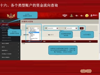 1.点击:
回馈积分管理
2.点击:
回馈积分查询
十六、各个类型账户的资金流向查询
3.选择要查询的
时间段
4.点击提交
如果别人知道你的账号密码，让你发现
有人在没有告知你的情况下，转走了你
账户的资金，可向公司举报
 
