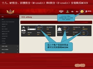 十八、MP积分、回馈积分（M-credit）和E积分（E-credit）分别购买MCOIN
这三个账户里面的资金
都可以用来换购MCOIN
1.点击这个图标，
按照提示输入自己的账
号和二级密码
 