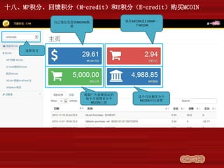 十八、MP积分、回馈积分（M-credit）和E积分（E-credit）购买MCOIN
自己钱包里面的MCOIN数
量
现在MCOIN是2.94MP一
个MCOIN
根据广告套餐设定的
每个月消费多少个
MCOIN上限
这个月还剩多少个
MCOIN可以消费
选择语言
 