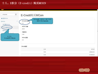 十八、E积分（E-credit）购买MCOIN
1.点击：
E-credit购买Mcoin
2.E-credit（E积分）账户有余
额即可购买MCOIN
 