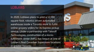 LOBLAWS
In 2020, Loblaws plans to pilot a 12,000
square-foot, robotics driven automated
warehouse inside a Toronto store to fulfill
online grocery orders for its Express pickup
service. Under a partnership with Takeoff
Technologies, construction of a micro-
fulfillment center (MFC) has begun at one of
Loblaw’s Real Canadian Superstore locations
in greater Toronto
 