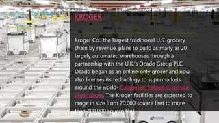KROGER
Kroger Co., the largest traditional U.S. grocery
chain by revenue, plans to build as many as 20
largely automated warehouses through a
partnership with the U.K.’s Ocado Group PLC.
Ocado began as an online-only grocer and now
also licenses its technology to supermarkets
around the world- Capgemini helped automate
their robots. The Kroger facilities are expected to
range in size from 20,000 square feet to more
than 300,000 square feet.
 