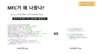 MFC가 왜 나왔나?
vs
HelloSDK.cpp HelloMFC.cpp
교재 35쪽 (여기서 잠깐)
교재 55쪽 (여기서 잠깐)
 