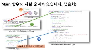 Main 함수도 사실 숨겨져 있습니다.(캡슐화)
tchar.h
atlmfcsrcmfcappmodul.cpp
atlmfcsrcmfcwinmain.cpp
HelloMFC.cpp
1
2
3
MFC의 메인이라고 생각하면 쉽다.
 