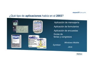 ¿Qué tipo de aplicaciones había en el 2003?

                                   Aplicación de mensajería
                                   Aplicación de formularios
                                   Aplicación de encuestas
                                   Guías de
                                   ferias y congresos

                                              Windows Mobile
                                  Symbian
                                                 Java
 