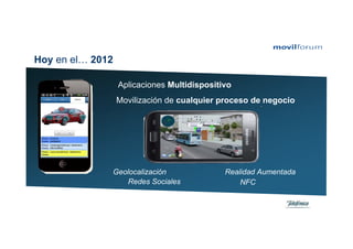 Hoy en el… 2012

                  Aplicaciones Multidispositivo
                  Movilización de cualquier proceso de negocio




              Geolocalización                Realidad Aumentada
                 Redes Sociales                  NFC
 