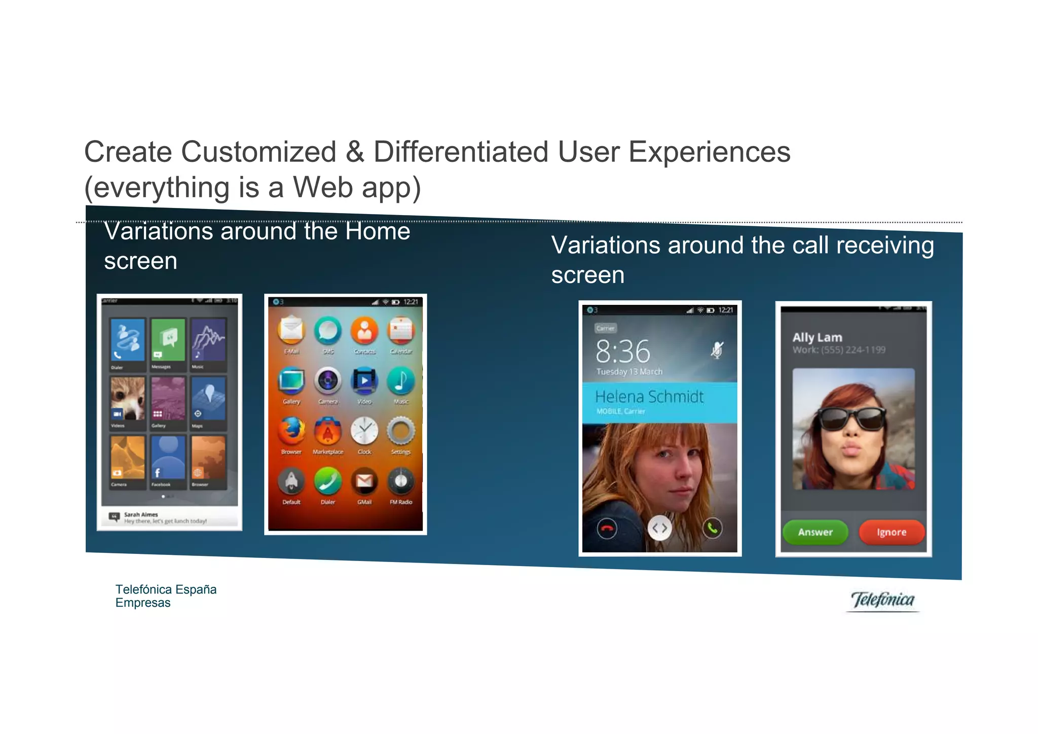 Create Customized & Differentiated User Experiences
(everything is a Web app)
 Variations around the Home
                                 Variations around the call receiving
 screen
                                 screen




  Telefónica España
  Empresas
 