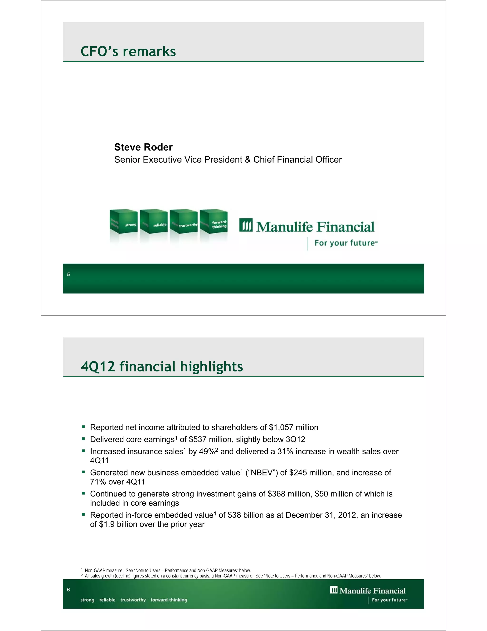 CFO’s remarks




                       Steve Roder
                       Senior Executive Vice President & Chief Financial Officer




5




    4Q12 financial highlights



     Reported net income attributed to shareholders of $1,057 million
     Delivered core earnings1 of $537 million, slightly below 3Q12
     Increased insurance sales1 by 49%2 and delivered a 31% increase in wealth sales over
      4Q11
     Generated new business embedded value1 (“NBEV”) of $245 million, and increase of
      71% over 4Q11
     Continued to generate strong investment gains of $368 million, $50 million of which is
      included in core earnings
     Reported in-force embedded value1 of $38 billion as at December 31, 2012, an increase
      of $1.9 billion over the prior year




    1   Non-GAAP measure. See “Note to Users – Performance and Non-GAAP Measures” below.
    2   All sales growth (decline) figures stated on a constant currency basis, a Non-GAAP measure. See “Note to Users – Performance and Non-GAAP Measures” below.

6
 