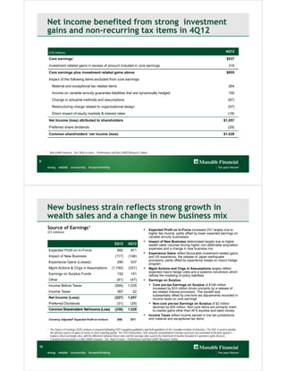 Net income benefited from strong investment
     gains and non-recurring tax items in 4Q12

         (C$ millions)                                                                                                                                                         4Q12

         Core    earnings1                                                                                                                                                      $537
         Investment related gains in excess of amount included in core earnings                                                                                                   318
         Core earnings plus investment related gains above                                                                                                                      $855
         Impact of the following items excluded from core earnings:
           Material and exceptional tax related items                                                                                                                             264
           Income on variable annuity guarantee liabilities that are dynamically hedged                                                                                           100
           Change in actuarial methods and assumptions                                                                                                                           (87)
           Restructuring charge related to organizational design                                                                                                                 (57)
           Direct impact of equity markets & interest rates                                                                                                                      (18)
         Net Income (loss) attributed to shareholders                                                                                                                        $1,057
         Preferred share dividends                                                                                                                                               (29)
         Common shareholders’ net income (loss)                                                                                                                              $1,028



     1    Non-GAAP measure. See “Note to Users – Performance and Non-GAAP Measures” below.

9




     New business strain reflects strong growth in
     wealth sales and a change in new business mix
     Source of Earnings1                                                                           Expected Profit on In-Force increased 2%2 largely due to
     (C$ millions)                                                                                     higher fee income, partly offset by lower expected earnings on
                                                                                                       variable annuity businesses
                                                                                                      Impact of New Business deteriorated largely due to higher
                                                                      3Q12         4Q12                wealth sales volumes driving higher non-deferrable acquisition
                                                                                                       expenses and a change in new business mix
         Expected Profit on In-Force                                     882          871
                                                                                                      Experience Gains reflect favourable investment-related gains
         Impact of New Business                                        (117)       (146)               and VA experience, the release of Japan earthquake
                                                                                                       provisions, partly offset by experience losses on macro hedge
         Experience Gains (Losses)                                       290          537              program
         Mgmt Actions & Chgs in Assumptions                         (1,740)        (331)              Mgmt Actions and Chgs in Assumptions largely reflect
                                                                                                       expected macro hedge costs and a systems conversion which
         Earnings on Surplus Funds                                       152          151              refines the modeling of policy liabilities
         Other                                                           (61)        (47)             Earnings on Surplus:
         Income Before Taxes                                           (594)       1,035                Core pre-tax Earnings on Surplus of $149 million
                                                                                                          increased by $33 million driven primarily by a release of
         Income Taxes                                                    367           22                 tax-related interest provisions. This benefit was
                                                                                                          substantially offset by one-time tax adjustments recorded in
         Net Income (Loss)                                             (227)       1,057                  income taxes on core earnings
         Preferred Dividends                                             (31)        (29)               Non-core pre-tax Earnings on Surplus of $2 million
                                                                                                          declined by $34 million. Non-core items are primarily mark-
         Common Shareholders’ Net Income (Loss)                        (258)       1,028                  to-market gains other than AFS equities and seed money
                                                                                                      Income Taxes reflect income earned in low tax jurisdictions
         Currency Adjusted2 Expected Profit on In-force                  856          871              and material and exceptional tax items


     1    The Source of Earnings (SOE) analysis is prepared following OSFI regulatory guidelines and draft guidelines of the Canadian Institute of Actuaries. The SOE is used to identify
          the primary sources of gains or losses in each reporting period. Per OSFI instructions, SOE amounts denominated in foreign currencies are translated at the prior quarter's
          balance sheet exchange rates, with the difference between those rates and the average rates used in the Statement of Income included in Experience gains (losses).
     2    Constant currency basis is a Non-GAAP measure. See “Note to Users – Performance and Non-GAAP Measures” below.

10
 