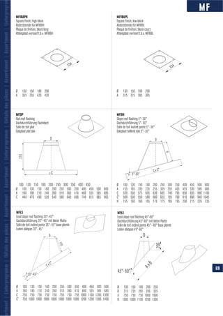 MF
A A
100 130 150 180 200 250 300 350 400 450
D
315
C C x C"
5°-30°
H
D
p
CxC"
20°-45°
120
D
200
AxB
45°- 60°
D
ortment|Lieferprogramm|Détailsdespièces|Assortiment|Assortment|Lieferprogramm|Détailsdespièces|Assortiment|Assortment|Lieferprogra
MFIBAPH MFIBAPL
MFDP
Solin de toit plat
Dakplaat plat dak
MFDH
MFLS MFLE
89
 