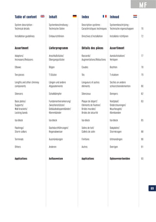 MF
Table of content Inhalt Index Inhoud
Assortment Lieferprogramm Détails des pièces Assortiment
Collets de solin
Applications Aufbauweisen Applications Opbouwvoorbeelden
69
 