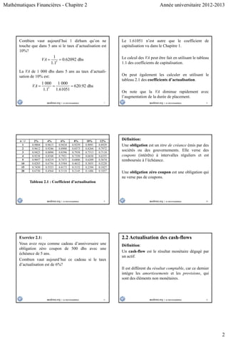 Mathématiques Financières - Chapitre 2 Année universitaire 2012-2013
2
7
Combien vaut aujourd’hui 1 dirham qu’on ne
touche que dans 5 ans si le taux d’actualisation est
10%?
5
1
0.62092 dhs
1.1
VA  
La VA de 1 000 dhs dans 5 ans au taux d’actuali-
sation de 10% est:
5
1 000 1 000
620.92 dhs
1.1 1.61051
VA   
8
Le 1.61051 n’est autre que le coefficient de
capitalisation vu dans le Chapitre 1.
Le calcul des VA peut être fait en utilisant le tableau
1.1 des coefficients de capitalisation.
On peut également les calculer en utilisant le
tableau 2.1 des coefficients d’actualisation.
On note que la VA diminue rapidement avec
l’augmentation de la durée de placement.
9
n  i 2% 4% 6% 8% 10% 12%
1 0.9804 0.9615 0.9434 0.9259 0.9091 0.8929
2 0.9612 0.9246 0.8900 0.8573 0.8264 0.7972
3 0.9423 0.8890 0.8396 0.7938 0.7513 0.7118
4 0.9238 0.8548 0.7921 0.7350 0.6830 0.6355
5 0.9057 0.8219 0.7473 0.6806 0.6209 0.5674
10 0.8203 0.6756 0.5584 0.4632 0.3855 0.3220
15 0.7430 0.5553 0.4173 0.3152 0.2394 0.1827
20 0.6730 0.4564 0.3118 0.2145 0.1486 0.1037
Tableau 2.1 : Coefficient d’actualisation
10
Définition:
Une obligation est un titre de créance émis par des
sociétés ou des gouvernements. Elle verse des
coupons (intérêts) à intervalles réguliers et est
remboursée à l’échéance.
Une obligation zéro coupon est une obligation qui
ne verse pas de coupons.
11
Exercice 2.1:
Vous avez reçu comme cadeau d’anniversaire une
obligation zéro coupon de 500 dhs avec une
échéance de 5 ans.
Combien vaut aujourd’hui ce cadeau si le taux
d’actualisation est de 6%?
12
2.2 Actualisation des cash-flows
Définition:
Un cash-flow est le résultat monétaire dégagé par
un actif.
Il est différent du résultat comptable, car ce dernier
intègre les amortissements et les provisions, qui
sont des éléments non monétaires.
 