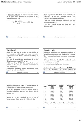 Mathématiques Financières - Chapitre 3 Année universitaire 2012-2013
11
61
• Deuxième méthode: on calcule la valeur actuelle
de la valeur future nominale de la voiture, au taux
d’actualisation de 8%:
4
182 325.94
= 134 015.01dhs
1.08
VA 
62
Règle importante: dans tout calcul financier, les
cash-flows et les taux d’intérêt doivent être
exprimés dans une même mesure:
• avec des valeurs nominales, on utilise des taux
d’intérêt nominaux; et
• avec des valeurs réelles, on utilise des taux
d’intérêt réels.
63
Exercice 3.5:
Vous avez une fille de 10 ans et vous voulez lui
ouvrir un compte d’épargne pour payer ses études
supérieures qu’elle devrait entreprendre à l’âge de
20 ans.
Les frais de scolarité sont actuellement de 60 000
dhs et augmenteront de 5% par an.
1. Si vous placez 30 000 dhs aujourd’hui, au taux
annuel de 8%, cela va-t-il suffire pour couvrir le
coût des études?
2. Combien faudrait-il placer aujourd’hui pour
couvrir les frais de scolarité?
64
Annuités réelles
Supposons maintenant que pour payer les frais de
scolarité futurs de votre fille, qui s’élèvent à 90 000
dhs, vous vouliez épargner un même montant par
année.
Si le taux d’intérêt réel est de 3%, combien devriez-
vous épargner par année?
Le montant annuel à placer est donné par:
n i VA VF PMT Résultat
10 3 0 90 000 dhs ? PMT = –7 850.75 dhs
65
Attention: Le montant 7 850.75 dhs est exprimé en
valeur réelle, i.e. en dirhams d’aujourd’hui.
Si le taux d’inflation est de 5% par an, alors les
montants effectifs à épargner sont donnés dans le
tableau 3.4.
Notons qu’à ce taux d’inflation de 5%, les frais de
scolarité dans 10 ans seront de 146 600.52 dhs.
66
Année
Épargne en valeur
réelle
Coefficient
d'inflation
Épargne en valeur
nominale
1 7,850.75 1.05 8,243.29
2 7,850.75 1,05² 8,655.45
3 7,850.75 1,05
3
9,088.22
4 7,850.75 1,05
4
9,542.64
5 7,850.75 1,055
10,019.80
6 7,850.75 1,05
6
10,520.80
7 7,850.75 1,05
7
11,046.80
8 7,850.75 1,058
11,559.10
9 7,850.75 1,05
9
12,179.10
10 7,850.75 1,05
10
12,788.00
Tableau 3.4 : Valeur nominale des annuités réelles
 