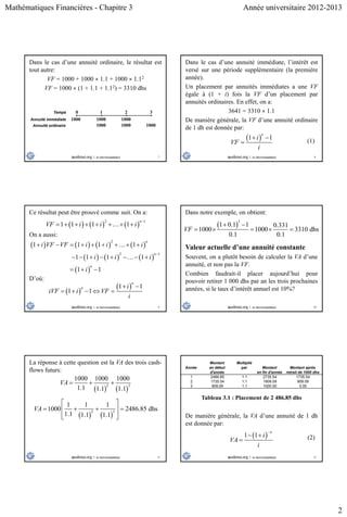 Mathématiques Financières - Chapitre 3 Année universitaire 2012-2013
2
7
Dans le cas d’une annuité ordinaire, le résultat est
tout autre:
VF = 1000 + 1000  1.1 + 1000  1.12
VF = 1000  (1 + 1.1 + 1.12) = 3310 dhs
0 1 2 3
1000 1000 1000
Temps
Annuité immédiate
1000 1000 1000Annuité ordinaire
8
Dans le cas d’une annuité immédiate, l’intérêt est
versé sur une période supplémentaire (la première
année).
Un placement par annuités immédiates a une VF
égale à (1 + i) fois la VF d’un placement par
annuités ordinaires. En effet, on a:
3641 = 3310  1.1
De manière générale, la VF d’une annuité ordinaire
de 1 dh est donnée par:
 1 1
n
i
VF
i
 
 (1)
9
Ce résultat peut être prouvé comme suit. On a:
     
2 1
1 1 1 1
n
VF i i i

       
On a aussi:
       
     
 
2
2 1
1 1 1 1
1 1 1 1
1 1
n
n
n
i VF VF i i i
i i i
i

        
       
  
D’où:
 
 1 1
1 1
n
n i
iVF i VF
i
 
    
10
Dans notre exemple, on obtient:
 
3
1 0.1 1 0.331
1000 1000 3310 dhs
0.1 0.1
VF
 
    
Valeur actuelle d’une annuité constante
Souvent, on a plutôt besoin de calculer la VA d’une
annuité, et non pas la VF.
Combien faudrait-il placer aujourd’hui pour
pouvoir retirer 1 000 dhs par an les trois prochaines
années, si le taux d’intérêt annuel est 10%?
11
La réponse à cette question est la VA des trois cash-
flows futurs:
   
2 3
1000 1000 1000
1.1 1.1 1.1
VA   
   
2 3
1 1 1
1000 2486.85 dhs
1.1 1.1 1.1
VA
 
    
  
12
Année
Montant
en début
d'année
Multiplié
par Montant
en fin d'année
Montant après
retrait de 1000 dhs
1 2486.85 1.1 2735.54 1735.54
2 1735.54 1.1 1909.09 909.09
3 909.09 1.1 1000.00 0.00
Tableau 3.1 : Placement de 2 486.85 dhs
De manière générale, la VA d’une annuité de 1 dh
est donnée par:
 1 1
n
i
VA
i

 
 (2)
 