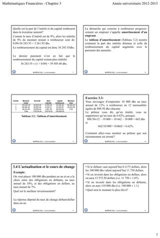 Mathématiques Financières - Chapitre 3 Année universitaire 2012-2013
7
37
Quelle est la part de l’intérêt et du capital remboursé
dans la troisième annuité?
Comme le taux d’intérêt est de 9%, alors les intérêts
de 9% du montant restant à rembourser sont de:
0.0936 243.55 = 3 261.92 dhs.
Le remboursement du capital est donc 36 243.55dhs.
Le dernier paiement n’est en fait que le
remboursement du capital restant plus intérêts:
36 243.55  (1 + 0.09) = 39 505.48 dhs.
38
La démarche qui consiste à rembourser progressi-
vement un emprunt s’appelle amortissement d’un
emprunt.
Le tableau d’amortissement (Tableau 3.2) montre
comment la part des intérêts diminue et celle du
remboursement du capital augmente avec le
paiement des annuités.
39
Année Montant
initial
Annuité dont
intérêts
capital
remboursé
Montant
final
1 100,000.00 39,505.48 9,000.00 30,505.48 69,494.52
2 69,494.52 39,505.48 6,254.51 33,250.97 36,243.55
3 36,243.55 39,505.48 3,261.92 36,243.55 0.00
Total 118,516.44 18,516.43 100,000.00
Tableau 3.2 : Tableau d’amortissement
40
Exercice 3.3:
Vous envisagez d’emprunter 10 000 dhs au taux
annuel de 12%, à rembourser en 12 mensualités
égales de 888.50 dhs chacune.
Le prêteur vous dit, qu’en réalité, vous ne
supporterez qu’un taux de 6.62%, puisque:
888.5012 – 10 000 = 10 662 – 10 000 = 662 dhs
et
662/10 000 = 0.0662 = 6.62%.
Comment allez-vous montrer au prêteur que son
raisonnement est erroné?
41
3.4 L’actualisation et le cours de change
Exemple:
On veut placer 100 000 dhs pendant un an et on a le
choix entre des obligations en dirhams, au taux
annuel de 10%, et des obligations en dollars, au
taux annuel de 7%.
Quel est le meilleur investissement?
La réponse dépend du taux de change dirham/dollar
dans un an.
42
• Si le dirham vaut aujourd’hui 0.1175 dollars, alors
les 100 000 dhs valent aujourd’hui 11 750 dollars.
• Si on investit dans les obligations en dollars, alors
on aura 12 572.50 dollars (i.e. 11 750  1.07).
• Si on investit dans les obligations en dirhams,
alors on aura 110 000 dhs (i.e. 100 000  1.1).
• Quel sera le montant le plus élevé?
 