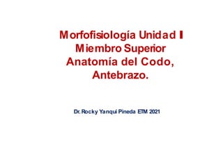 Morfofisiología Unidad II
Miembro Superior
Anatomía del Codo,
Antebrazo.
Dr. Rocky Yanqui Pineda ETM 2021
 