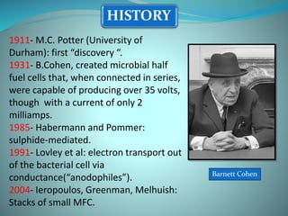 1911- M.C. Potter (University of
Durham): first “discovery “.
1931- B.Cohen, created microbial half
fuel cells that, when connected in series,
were capable of producing over 35 volts,
though with a current of only 2
milliamps.
1985- Habermann and Pommer:
sulphide-mediated.
1991- Lovley et al: electron transport out
of the bacterial cell via
conductance(“anodophiles”).
2004- Ieropoulos, Greenman, Melhuish:
Stacks of small MFC.
HISTORY
Barnett Cohen
 