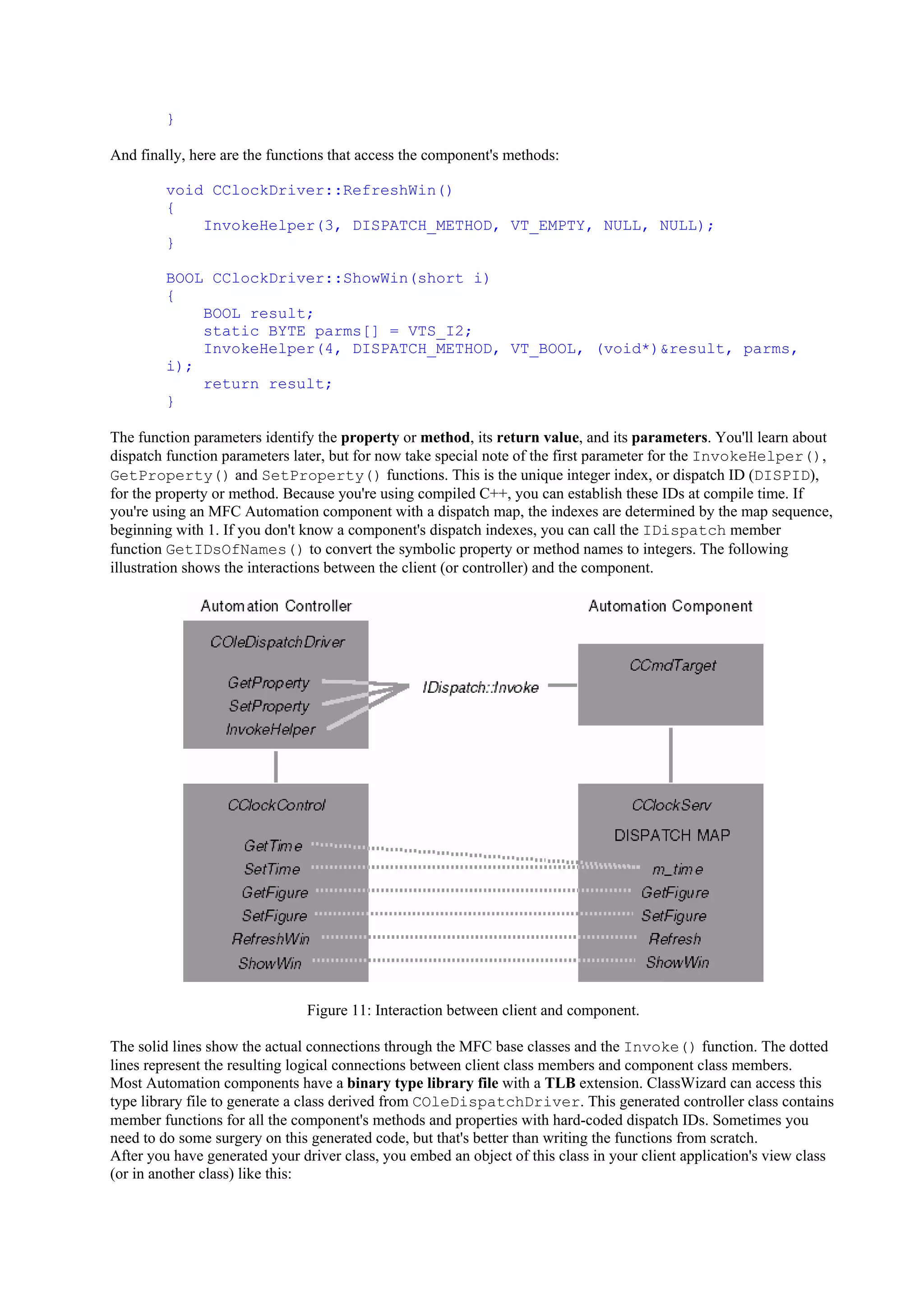 }
And finally, here are the functions that access the component's methods:
void CClockDriver::RefreshWin()
{
InvokeHelper(3, DISPATCH_METHOD, VT_EMPTY, NULL, NULL);
}
BOOL CClockDriver::ShowWin(short i)
{
BOOL result;
static BYTE parms[] = VTS_I2;
InvokeHelper(4, DISPATCH_METHOD, VT_BOOL, (void*)&result, parms,
i);
return result;
}
The function parameters identify the property or method, its return value, and its parameters. You'll learn about
dispatch function parameters later, but for now take special note of the first parameter for the InvokeHelper(),
GetProperty() and SetProperty() functions. This is the unique integer index, or dispatch ID (DISPID),
for the property or method. Because you're using compiled C++, you can establish these IDs at compile time. If
you're using an MFC Automation component with a dispatch map, the indexes are determined by the map sequence,
beginning with 1. If you don't know a component's dispatch indexes, you can call the IDispatch member
function GetIDsOfNames() to convert the symbolic property or method names to integers. The following
illustration shows the interactions between the client (or controller) and the component.
Figure 11: Interaction between client and component.
The solid lines show the actual connections through the MFC base classes and the Invoke() function. The dotted
lines represent the resulting logical connections between client class members and component class members.
Most Automation components have a binary type library file with a TLB extension. ClassWizard can access this
type library file to generate a class derived from COleDispatchDriver. This generated controller class contains
member functions for all the component's methods and properties with hard-coded dispatch IDs. Sometimes you
need to do some surgery on this generated code, but that's better than writing the functions from scratch.
After you have generated your driver class, you embed an object of this class in your client application's view class
(or in another class) like this:
 
