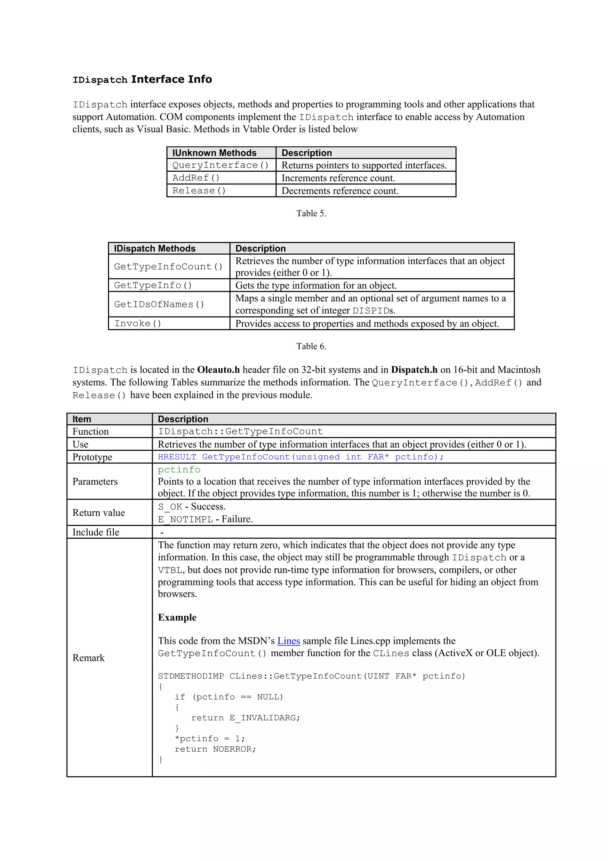 IDispatch Interface Info
IDispatch interface exposes objects, methods and properties to programming tools and other applications that
support Automation. COM components implement the IDispatch interface to enable access by Automation
clients, such as Visual Basic. Methods in Vtable Order is listed below
IUnknown Methods Description
QueryInterface() Returns pointers to supported interfaces.
AddRef() Increments reference count.
Release() Decrements reference count.
Table 5.
IDispatch Methods Description
GetTypeInfoCount()
Retrieves the number of type information interfaces that an object
provides (either 0 or 1).
GetTypeInfo() Gets the type information for an object.
GetIDsOfNames()
Maps a single member and an optional set of argument names to a
corresponding set of integer DISPIDs.
Invoke() Provides access to properties and methods exposed by an object.
Table 6.
IDispatch is located in the Oleauto.h header file on 32-bit systems and in Dispatch.h on 16-bit and Macintosh
systems. The following Tables summarize the methods information. The QueryInterface(), AddRef() and
Release() have been explained in the previous module.
Item Description
Function IDispatch::GetTypeInfoCount
Use Retrieves the number of type information interfaces that an object provides (either 0 or 1).
Prototype HRESULT GetTypeInfoCount(unsigned int FAR* pctinfo);
Parameters
pctinfo
Points to a location that receives the number of type information interfaces provided by the
object. If the object provides type information, this number is 1; otherwise the number is 0.
Return value
S_OK - Success.
E_NOTIMPL - Failure.
Include file -
Remark
The function may return zero, which indicates that the object does not provide any type
information. In this case, the object may still be programmable through IDispatch or a
VTBL, but does not provide run-time type information for browsers, compilers, or other
programming tools that access type information. This can be useful for hiding an object from
browsers.
Example
This code from the MSDN’s Lines sample file Lines.cpp implements the
GetTypeInfoCount() member function for the CLines class (ActiveX or OLE object).
STDMETHODIMP CLines::GetTypeInfoCount(UINT FAR* pctinfo)
{
if (pctinfo == NULL)
{
return E_INVALIDARG;
}
*pctinfo = 1;
return NOERROR;
}
 
