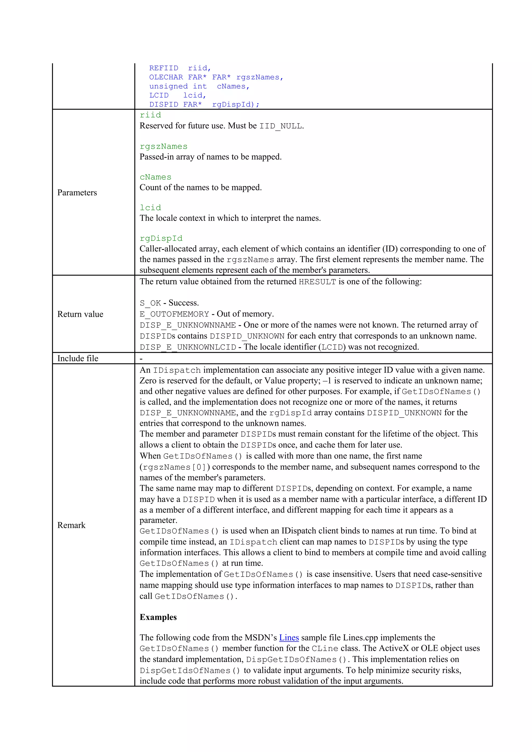 REFIID riid,
OLECHAR FAR* FAR* rgszNames,
unsigned int cNames,
LCID lcid,
DISPID FAR* rgDispId);
Parameters
riid
Reserved for future use. Must be IID_NULL.
rgszNames
Passed-in array of names to be mapped.
cNames
Count of the names to be mapped.
lcid
The locale context in which to interpret the names.
rgDispId
Caller-allocated array, each element of which contains an identifier (ID) corresponding to one of
the names passed in the rgszNames array. The first element represents the member name. The
subsequent elements represent each of the member's parameters.
Return value
The return value obtained from the returned HRESULT is one of the following:
S_OK - Success.
E_OUTOFMEMORY - Out of memory.
DISP_E_UNKNOWNNAME - One or more of the names were not known. The returned array of
DISPIDs contains DISPID_UNKNOWN for each entry that corresponds to an unknown name.
DISP_E_UNKNOWNLCID - The locale identifier (LCID) was not recognized.
Include file -
Remark
An IDispatch implementation can associate any positive integer ID value with a given name.
Zero is reserved for the default, or Value property; –1 is reserved to indicate an unknown name;
and other negative values are defined for other purposes. For example, if GetIDsOfNames()
is called, and the implementation does not recognize one or more of the names, it returns
DISP_E_UNKNOWNNAME, and the rgDispId array contains DISPID_UNKNOWN for the
entries that correspond to the unknown names.
The member and parameter DISPIDs must remain constant for the lifetime of the object. This
allows a client to obtain the DISPIDs once, and cache them for later use.
When GetIDsOfNames() is called with more than one name, the first name
(rgszNames[0]) corresponds to the member name, and subsequent names correspond to the
names of the member's parameters.
The same name may map to different DISPIDs, depending on context. For example, a name
may have a DISPID when it is used as a member name with a particular interface, a different ID
as a member of a different interface, and different mapping for each time it appears as a
parameter.
GetIDsOfNames() is used when an IDispatch client binds to names at run time. To bind at
compile time instead, an IDispatch client can map names to DISPIDs by using the type
information interfaces. This allows a client to bind to members at compile time and avoid calling
GetIDsOfNames() at run time.
The implementation of GetIDsOfNames() is case insensitive. Users that need case-sensitive
name mapping should use type information interfaces to map names to DISPIDs, rather than
call GetIDsOfNames().
Examples
The following code from the MSDN’s Lines sample file Lines.cpp implements the
GetIDsOfNames() member function for the CLine class. The ActiveX or OLE object uses
the standard implementation, DispGetIDsOfNames(). This implementation relies on
DispGetIdsOfNames() to validate input arguments. To help minimize security risks,
include code that performs more robust validation of the input arguments.
 