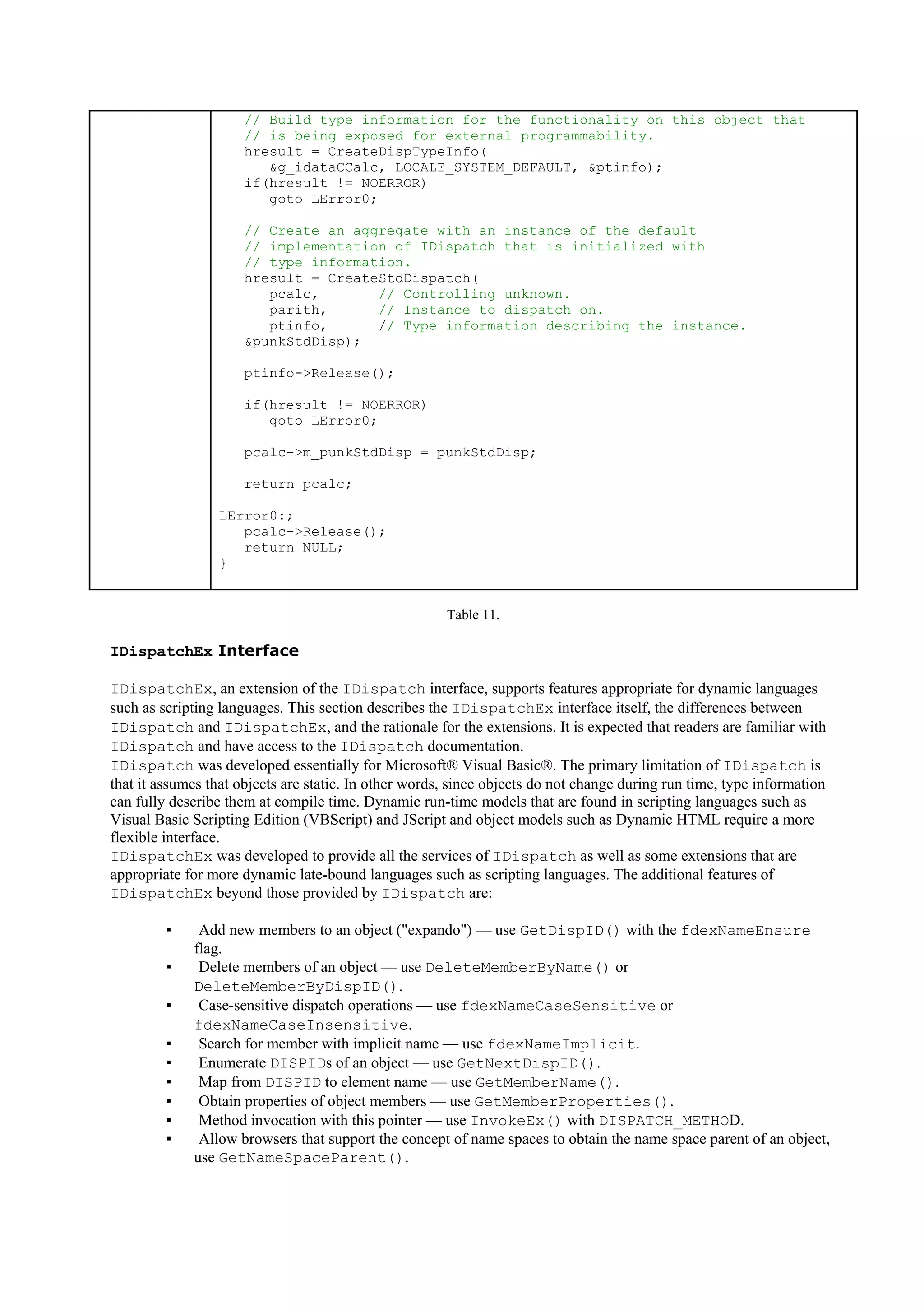 // Build type information for the functionality on this object that
// is being exposed for external programmability.
hresult = CreateDispTypeInfo(
&g_idataCCalc, LOCALE_SYSTEM_DEFAULT, &ptinfo);
if(hresult != NOERROR)
goto LError0;
// Create an aggregate with an instance of the default
// implementation of IDispatch that is initialized with
// type information.
hresult = CreateStdDispatch(
pcalc, // Controlling unknown.
parith, // Instance to dispatch on.
ptinfo, // Type information describing the instance.
&punkStdDisp);
ptinfo->Release();
if(hresult != NOERROR)
goto LError0;
pcalc->m_punkStdDisp = punkStdDisp;
return pcalc;
LError0:;
pcalc->Release();
return NULL;
}
Table 11.
IDispatchEx Interface
IDispatchEx, an extension of the IDispatch interface, supports features appropriate for dynamic languages
such as scripting languages. This section describes the IDispatchEx interface itself, the differences between
IDispatch and IDispatchEx, and the rationale for the extensions. It is expected that readers are familiar with
IDispatch and have access to the IDispatch documentation.
IDispatch was developed essentially for Microsoft® Visual Basic®. The primary limitation of IDispatch is
that it assumes that objects are static. In other words, since objects do not change during run time, type information
can fully describe them at compile time. Dynamic run-time models that are found in scripting languages such as
Visual Basic Scripting Edition (VBScript) and JScript and object models such as Dynamic HTML require a more
flexible interface.
IDispatchEx was developed to provide all the services of IDispatch as well as some extensions that are
appropriate for more dynamic late-bound languages such as scripting languages. The additional features of
IDispatchEx beyond those provided by IDispatch are:
▪ Add new members to an object ("expando") — use GetDispID() with the fdexNameEnsure
flag.
▪ Delete members of an object — use DeleteMemberByName() or
DeleteMemberByDispID().
▪ Case-sensitive dispatch operations — use fdexNameCaseSensitive or
fdexNameCaseInsensitive.
▪ Search for member with implicit name — use fdexNameImplicit.
▪ Enumerate DISPIDs of an object — use GetNextDispID().
▪ Map from DISPID to element name — use GetMemberName().
▪ Obtain properties of object members — use GetMemberProperties().
▪ Method invocation with this pointer — use InvokeEx() with DISPATCH_METHOD.
▪ Allow browsers that support the concept of name spaces to obtain the name space parent of an object,
use GetNameSpaceParent().
 