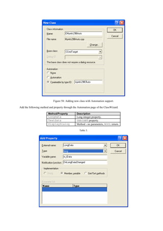 Figure 58: Adding new class with Automation support.
Add the following method and property through the Automation page of the ClassWizard.
Method/Property Description
LongData Long integer property.
TextData VARIANT property.
DisplayDialog Method - no parameters, BOOL return.
Table 3.
 