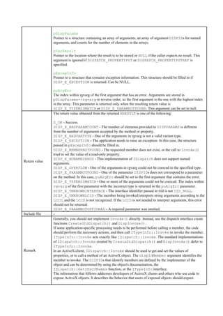 pDispParams
Pointer to a structure containing an array of arguments, an array of argument DISPIDs for named
arguments, and counts for the number of elements in the arrays.
pVarResult
Pointer to the location where the result is to be stored or NULL if the caller expects no result. This
argument is ignored if DISPATCH_PROPERTYPUT or DISPATCH_PROPERTYPUTREF is
specified.
pExcepInfo
Pointer to a structure that contains exception information. This structure should be filled in if
DISP_E_EXCEPTION is returned. Can be NULL.
puArgErr
The index within rgvarg of the first argument that has an error. Arguments are stored in
pDispParams->rgvarg in reverse order, so the first argument is the one with the highest index
in the array. This parameter is returned only when the resulting return value is
DISP_E_TYPEMISMATCH or DISP_E_PARAMNOTFOUND. This argument can be set to null.
Return value
The return value obtained from the returned HRESULT is one of the following:
S_OK - Success.
DISP_E_BADPARAMCOUNT - The number of elements provided to DISPPARAMS is different
from the number of arguments accepted by the method or property.
DISP_E_BADVARTYPE - One of the arguments in rgvarg is not a valid variant type.
DISP_E_EXCEPTION - The application needs to raise an exception. In this case, the structure
passed in pExcepInfo should be filled in.
DISP_E_MEMBERNOTFOUND - The requested member does not exist, or the call to Invoke()
tried to set the value of a read-only property.
DISP_E_NONAMEDARGS - This implementation of IDispatch does not support named
arguments.
DISP_E_OVERFLOW - One of the arguments in rgvarg could not be coerced to the specified type.
DISP_E_PARAMNOTFOUND - One of the parameter DISPIDs does not correspond to a parameter
on the method. In this case, puArgErr should be set to the first argument that contains the error.
DISP_E_TYPEMISMATCH - One or more of the arguments could not be coerced. The index within
rgvarg of the first parameter with the incorrect type is returned in the puArgErr parameter.
DISP_E_UNKNOWNINTERFACE - The interface identifier passed in riid is not IID_NULL.
DISP_E_UNKNOWNLCID - The member being invoked interprets string arguments according to the
LCID, and the LCID is not recognized. If the LCID is not needed to interpret arguments, this error
should not be returned.
DISP_E_PARAMNOTOPTIONAL - A required parameter was omitted.
Include file -
Remark
Generally, you should not implement Invoke() directly. Instead, use the dispatch interface create
functions CreateStdDispatch() and DispInvoke().
If some application-specific processing needs to be performed before calling a member, the code
should perform the necessary actions, and then call ITypeInfo::Invoke to invoke the member.
ITypeInfo::Invoke acts exactly like IDispatch::Invoke. The standard implementations
of IDispatch::Invoke created by CreateStdDispatch() and DispInvoke() defer to
ITypeInfo::Invoke.
In an ActiveX client, IDispatch::Invoke should be used to get and set the values of
properties, or to call a method of an ActiveX object. The dispIdMember argument identifies the
member to invoke. The DISPIDs that identify members are defined by the implementer of the
object and can be determined by using the object's documentation, the
IDispatch::GetIDsOfNames function, or the ITypeInfo interface.
The information that follows addresses developers of ActiveX clients and others who use code to
expose ActiveX objects. It describes the behavior that users of exposed objects should expect.
 