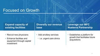 Focused on Growth
9
Expand capacity of
existing facilities
Diversify our revenue
base
Leverage our MFC
Nueterra Partnership
• Recruit new physicians
• Enhance facilities and
equipment through capital
investment
• Add ancillary services
• i.e. urgent care clinics
• Establishes a platform for
growth that facilitates future
acquisitions
 