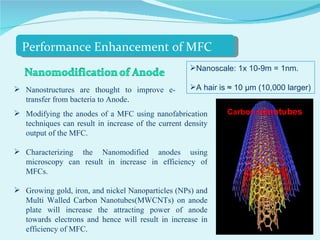Modifying the anodes of a MFC using nanofabrication techniques can result in increase of the current density output of the MFC. Characterizing the Nanomodified anodes using microscopy can result in increase in efficiency of MFCs. Growing gold, iron, and nickel Nanoparticles (NPs) and Multi Walled Carbon Nanotubes(MWCNTs) on anode plate will increase the attracting power of anode towards electrons and hence will result in increase in efficiency of MFC. Carbon  nanotubes Nanoscale: 1x 10-9m = 1nm. A hair is ≈ 10 μm (10,000 larger) Nanostructures are thought to improve e- transfer from bacteria to Anode . Performance Enhancement of MFC 