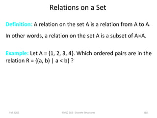 Fall 2002 CMSC 203 - Discrete Structures 110
Relations on a Set
Definition: A relation on the set A is a relation from A to A.
In other words, a relation on the set A is a subset of AA.
Example: Let A = {1, 2, 3, 4}. Which ordered pairs are in the
relation R = {(a, b) | a < b} ?
 