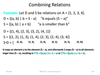 Fall 2002 CMSC 203 - Discrete Structures 120
Combining Relations
Example: Let D and S be relations on A = {1, 2, 3, 4}.
D = {(a, b) | b = 5 - a} “b equals (5 – a)”
S = {(a, b) | a < b} “a is smaller than b”
D = {(1, 4), (2, 3), (3, 2), (4, 1)}
S = {(1, 2), (1, 3), (1, 4), (2, 3), (2, 4), (3, 4)}
SD = { (2, 4), (3, 3), (3, 4), (4, 2), (4, 3),
D maps an element a to the element (5 – a), and afterwards S maps (5 – a) to all elements
larger than (5 – a), resulting in SD = {(a,b) | b > 5 – a} or SD = {(a,b) | a + b > 5}.
(4, 4)}
 