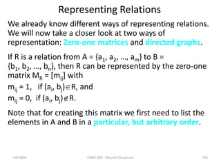 Fall 2002 CMSC 203 - Discrete Structures 126
Representing Relations
We already know different ways of representing relations.
We will now take a closer look at two ways of
representation: Zero-one matrices and directed graphs.
If R is a relation from A = {a1, a2, …, am} to B =
{b1, b2, …, bn}, then R can be represented by the zero-one
matrix MR = [mij] with
mij = 1, if (ai, bj)R, and
mij = 0, if (ai, bj)R.
Note that for creating this matrix we first need to list the
elements in A and B in a particular, but arbitrary order.
 