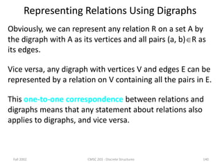 Fall 2002 CMSC 203 - Discrete Structures 140
Representing Relations Using Digraphs
Obviously, we can represent any relation R on a set A by
the digraph with A as its vertices and all pairs (a, b)R as
its edges.
Vice versa, any digraph with vertices V and edges E can be
represented by a relation on V containing all the pairs in E.
This one-to-one correspondence between relations and
digraphs means that any statement about relations also
applies to digraphs, and vice versa.
 