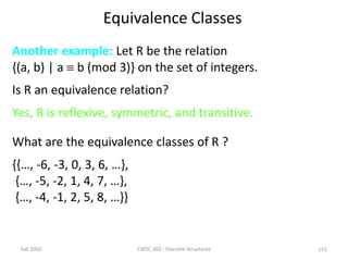 Fall 2002 CMSC 203 - Discrete Structures 151
Equivalence Classes
Another example: Let R be the relation
{(a, b) | a  b (mod 3)} on the set of integers.
Is R an equivalence relation?
Yes, R is reflexive, symmetric, and transitive.
What are the equivalence classes of R ?
{{…, -6, -3, 0, 3, 6, …},
{…, -5, -2, 1, 4, 7, …},
{…, -4, -1, 2, 5, 8, …}}
 